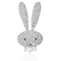 Brass Brooch, with ABS Plastic Pearl & Cubic Zirconia, Rabbit, platinum plated, Unisex 