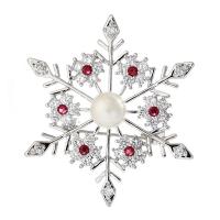 Brass Brooch, with ABS Plastic Pearl & Cubic Zirconia, Snowflake, platinum plated, Unisex 