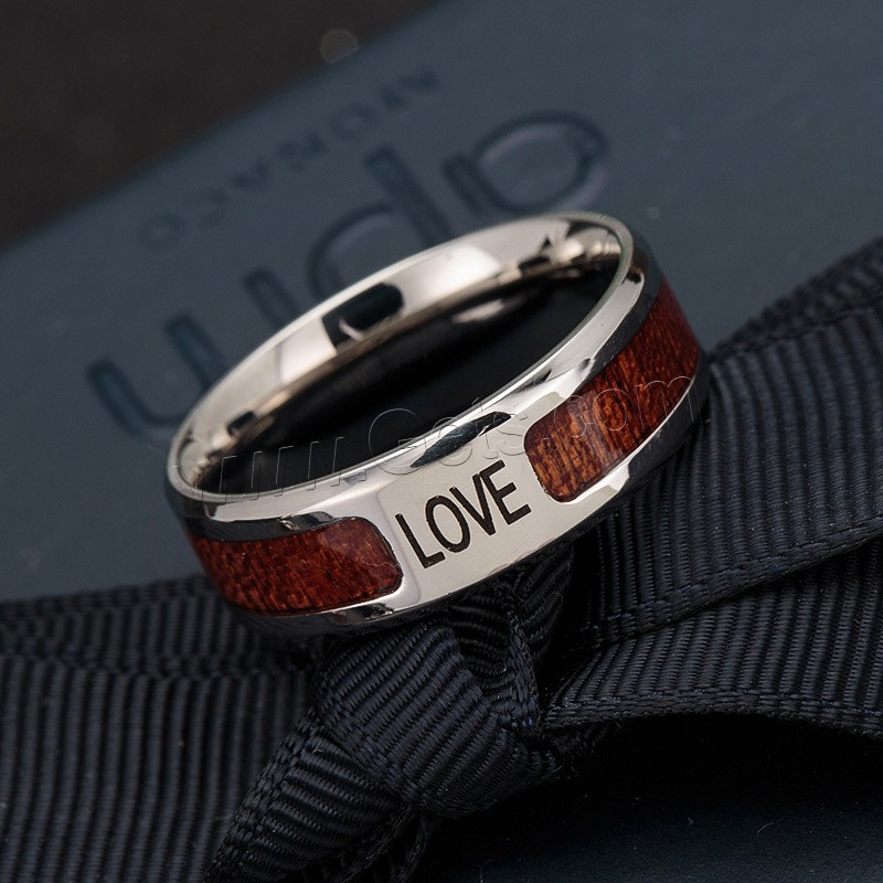 Enamel Stainless Steel Finger Ring, with Wood, Unisex & different size for choice & with letter pattern, 8x2mm, Sold By PC