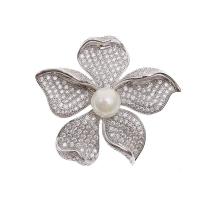 Brass Brooch, with Glass Pearl, Flower, platinum color plated, micro pave cubic zirconia & for woman 