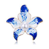 Zinc Alloy Brooch, with Glass Pearl, Flower, gold color plated, for woman & enamel, white 