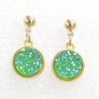 Stainless Steel Drop Earring, with Resin Rhinestone, Flat Round, gold color plated, for woman 12mm 