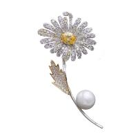 Brass Brooch, with Glass Pearl, Flower, plated, micro pave cubic zirconia & for woman 