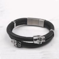 PU Leather Cord Bracelets, with Stainless Steel, Skull, plated, for man & with rhinestone 