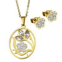 Stainless Steel Jewelry Set, earring & necklace, with Rhinestone Clay Pave & Crystal, Flower, gold color plated, oval chain & for woman & faceted 2mm Approx 20 Inch 