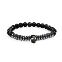 Hematite Bracelet, with Natural Stone & Brass, Skull, plated, elastic & Unisex & micro pave cubic zirconia 6mm, 13mm Approx 6-7 Inch 