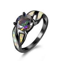 Zinc Alloy Finger Ring, with Opal, plumbum black color plated & for woman & with cubic zirconia 