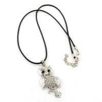 PU Leather Necklace, with Zinc Alloy, with 5cm extender chain, Owl, antique silver color plated, with rhinestone Approx 17.4 Inch 