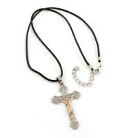 PU Leather Necklace, with Zinc Alloy, with 5cm extender chain, Crucifix Cross, antique silver color plated Approx 17.4 Inch 