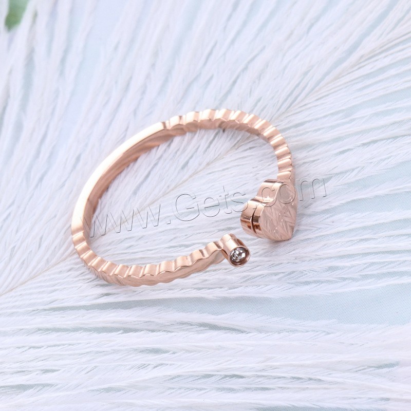 Rhinestone Stainless Steel Finger Ring, Heart, rose gold color plated, different size for choice & for woman & with rhinestone, Sold By PC