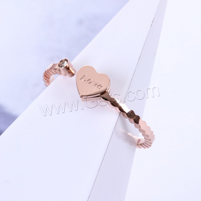 Rhinestone Stainless Steel Finger Ring, Heart, rose gold color plated, different size for choice & for woman & with rhinestone, Sold By PC