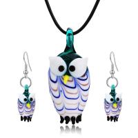 Lampwork Jewelry Sets, Glass, earring & necklace, with Lampwork, Owl, for woman, 45,4.8,2.5cm 