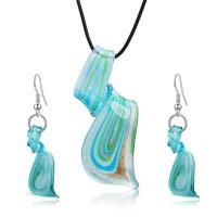 Lampwork Jewelry Sets, Glass, earring & necklace, with Lampwork, Helix, for woman, blue, 40,3.5,6.5cm 