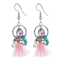 Zinc Alloy Tassel Earring, with Cotton Thread & Crystal & Glass Pearl, plated, for woman & faceted, pink 