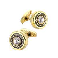 Brass Cufflinks, with Crystal, Flat Round, gold color plated, for man & enamel & faceted 