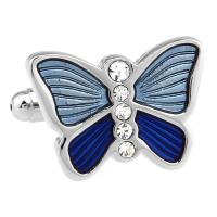 Brass Cufflinks, Butterfly, platinum color plated, Unisex & enamel & with rhinestone, blue 