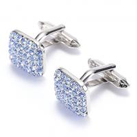 Brass Cufflinks, Square, silver color plated, Unisex & with rhinestone, blue 