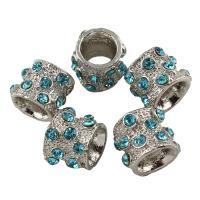 Rhinestone Zinc Alloy European Beads, Tube, silver color plated, without troll & with rhinestone & large hole Approx 6mm 