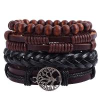 PU Leather Bracelet Set, with Waxed Nylon Cord & Wood & Zinc Alloy, Tree, antique silver color plated, Double Layer & Unisex & adjustable Approx 7 Inch 
