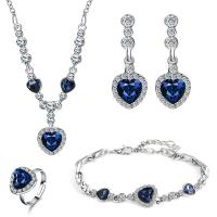 Fashion Zinc Alloy Jewelry Sets, finger ring & bracelet & earring & necklace, Heart, plated, for woman, blue  2.2cm,1cm Approx 20 Inch 