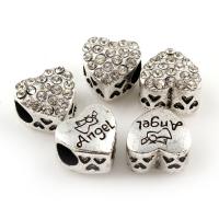 Rhinestone Zinc Alloy European Beads, Flat Heart, antique silver color plated, with letter pattern & with rhinestone Approx 5mm 