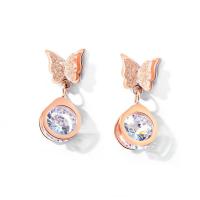 Stainless Steel Cubic Zirconia Stud Earring, Butterfly, plated, for woman, rose gold color, 22mm 