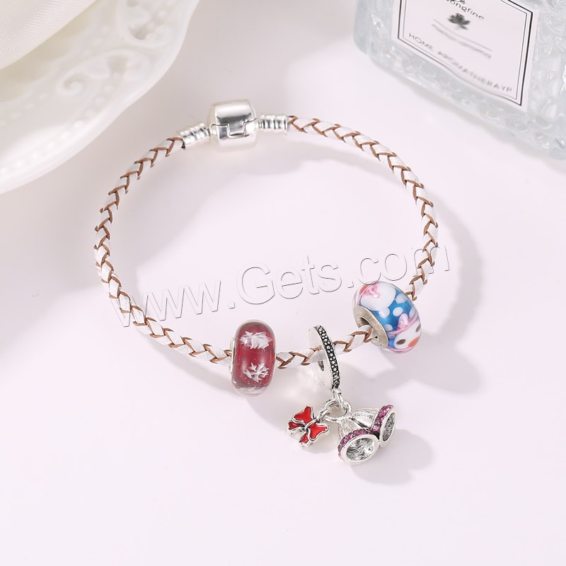 Brass European Bracelet, with PU Leather Cord & Lampwork & Zinc Alloy, plated, different length for choice & Unisex & snake chain & enamel & with rhinestone, Sold By Strand