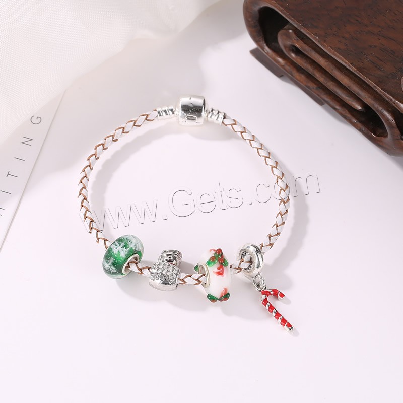 Brass European Bracelet, with PU Leather Cord & Lampwork & Zinc Alloy, plated, different length for choice & Unisex & micro pave cubic zirconia & enamel, Sold By Strand