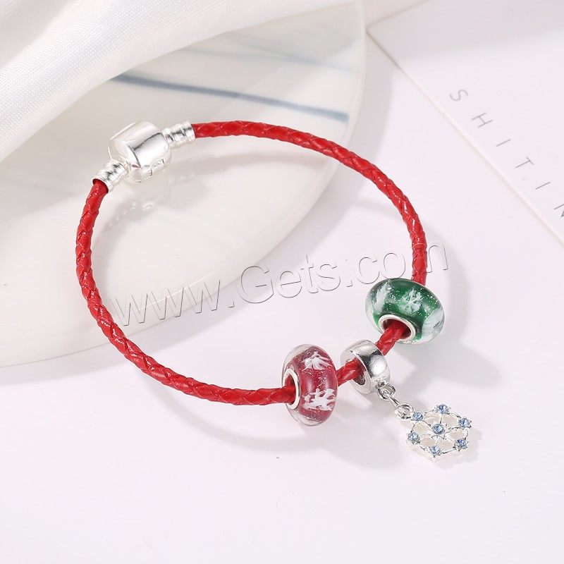 Brass European Bracelet, with PU Leather Cord & Lampwork & Zinc Alloy, platinum color plated, different length for choice & Unisex & with rhinestone, Sold By Strand