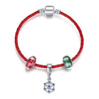 Brass European Bracelet, with PU Leather Cord & Lampwork & Zinc Alloy, platinum color plated & Unisex & with rhinestone 