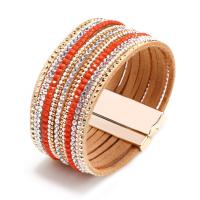PU Leather Bracelet, zinc alloy magnetic clasp, gold color plated, for woman & with rhinestone 35mm Approx 7.5 Inch 