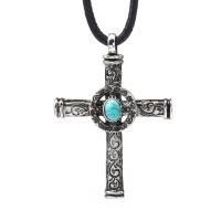 Zinc Alloy Sweater Necklace, with Leather & Synthetic Turquoise, Cross, antique silver color plated, for man Approx 38.9 Inch 
