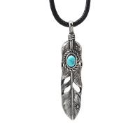 Cowhide Sweater Necklace, with Synthetic Turquoise & Zinc Alloy, stainless steel smooth buckle, Feather, antique silver color plated, for man Approx 38.9 Inch 