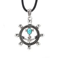 Cowhide Sweater Necklace, with Synthetic Turquoise & Zinc Alloy, stainless steel smooth buckle, Ship Wheel, antique silver color plated, for man Approx 38.9 Inch 