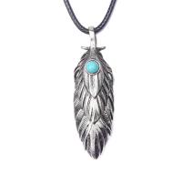 Cowhide Sweater Necklace, with Synthetic Turquoise & Zinc Alloy, stainless steel smooth buckle, Feather, antique silver color plated, for man Approx 38.9 Inch 