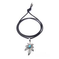 Cowhide Sweater Necklace, with Synthetic Turquoise & Zinc Alloy, stainless steel smooth buckle, Maple Leaf, antique silver color plated, for man Approx 38.9 Inch 