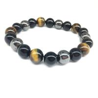 Tiger Eye Stone Bracelets, with Obsidian & Elastic Thread & Black Stone, elastic & Unisex, 10mm Approx 8 Inch 