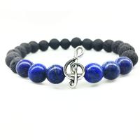 Lava Bead Bracelet, with Lapis Lazuli & Elastic Thread & Zinc Alloy, Music Note, silver color plated, elastic & Unisex Approx 8 Inch 