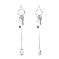 Zinc Alloy Drop Earring, with Glass Pearl, Lock and Key, silver color plated, without stopper & for woman, 130mm 