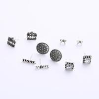 aleación de zinc Stud aretes, chapado en color de plata antigua, para mujer & con diamantes de imitación, 15x15mm, 5parespareja/Grupo, Vendido por Grupo