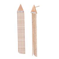 Stainless Steel Tassel Earring, with Rhinestone Clay Pave, Triangle, rose gold color plated, for woman, 65mm 