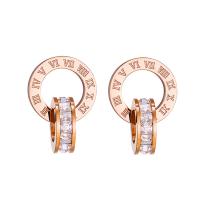 Stainless Steel Drop Earring, Geometrical Pattern, rose gold color plated, micro pave cubic zirconia & for woman 