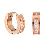 Stainless Steel Huggie Hoop Earring, Donut, rose gold color plated, micro pave cubic zirconia & for woman 