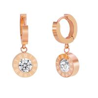 Stainless Steel Huggie Hoop Drop Earring, Flat Round, rose gold color plated, micro pave cubic zirconia & for woman 