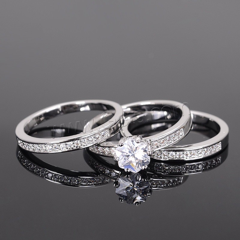 Brass Ring Set, metal, con cúbica circonia, chapado en platina real, unisexo & diverso tamaño para la opción & con diamantes de imitación, Blanco, 3PCs/Set, Vendido por Set