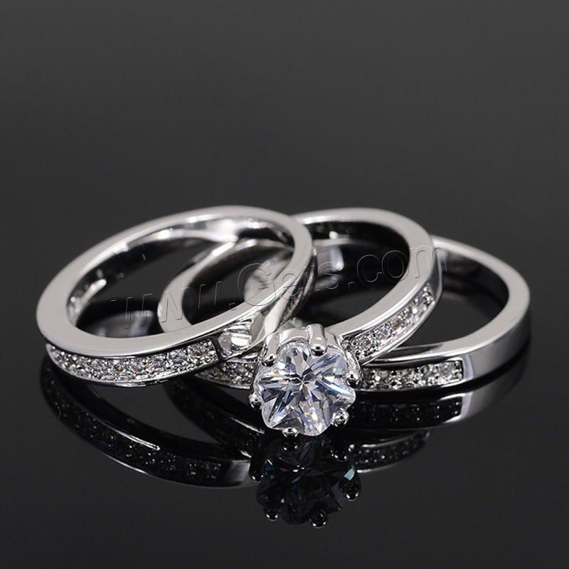 Brass Ring Set, metal, con cúbica circonia, chapado en platina real, unisexo & diverso tamaño para la opción & con diamantes de imitación, Blanco, 3PCs/Set, Vendido por Set