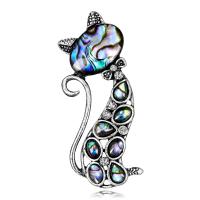 Zinc Alloy Brooch, with Abalone Shell, Cat, antique silver color plated, for woman & with rhinestone 