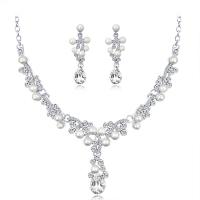 Zinc Alloy Jewelry Set, earring & necklace, with Plastic Pearl, with 2inch extender chain, silver color plated, for bridal & adjustable & with rhinestone  Approx 15.5 Inch 