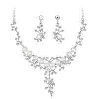 Zinc Alloy Wedding Set, earring & necklace, with Plastic Pearl, with 2inch extender chain, silver color plated, for bridal & adjustable & with rhinestone  Approx 15.5 Inch 