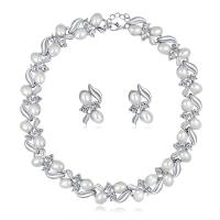 aleación de zinc Set de Boda, pendiente & collar, con Perlas plásticas, con 2inch extender cadena, chapado en color de plata, para novia & ajustable & con diamantes de imitación, 17x25mm, longitud:aproximado 15.5 Inch, Vendido por Set